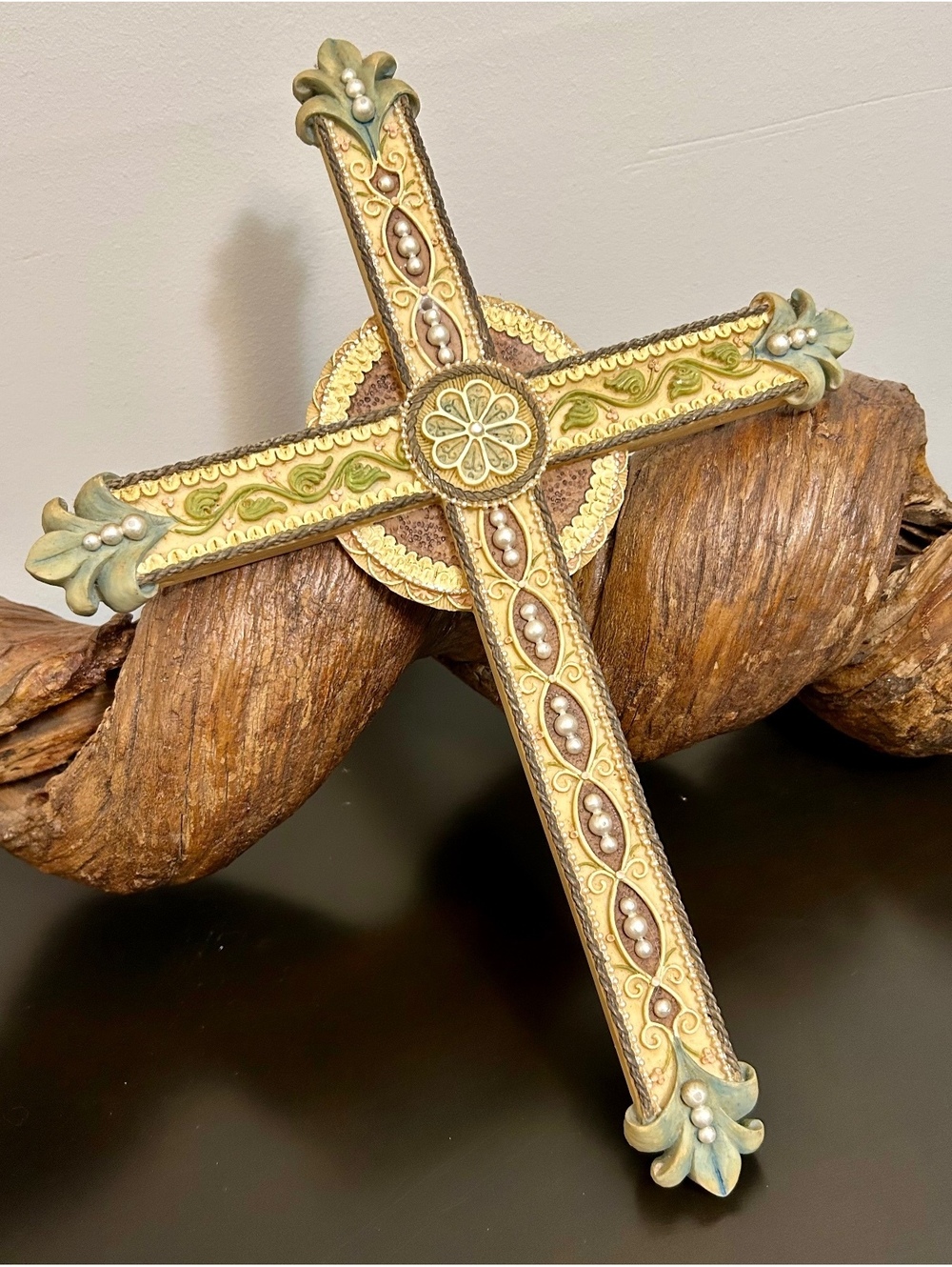 Ornate Faux Pearl Wall Cross Floral Cottagecore Shabby Chic 15” Christian Decor